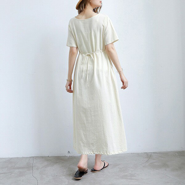 新作 春夏 レディース コットン混 ワンピース Vネック リボン2way ロング ナチュラル