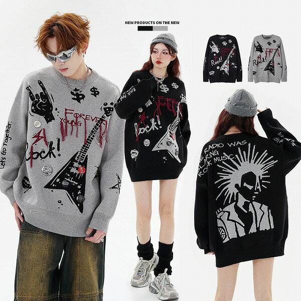 メンズ ラウンドネック 長袖 ニット・セーター 男女兼用 ストリート系 トップス 秋冬 新作★全2色