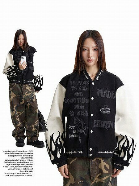 メンズ 刺繍入り PU袖 スタジャン 男女兼用 ストリート系 ジャケット 秋冬 新作★全2色