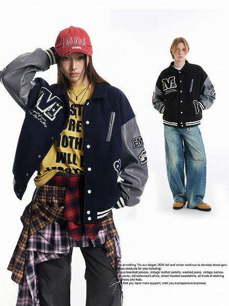 メンズ 刺繍入り PU袖 スタジャン 男女兼用 ストリート系 ジャケット 秋冬 新作★全2色