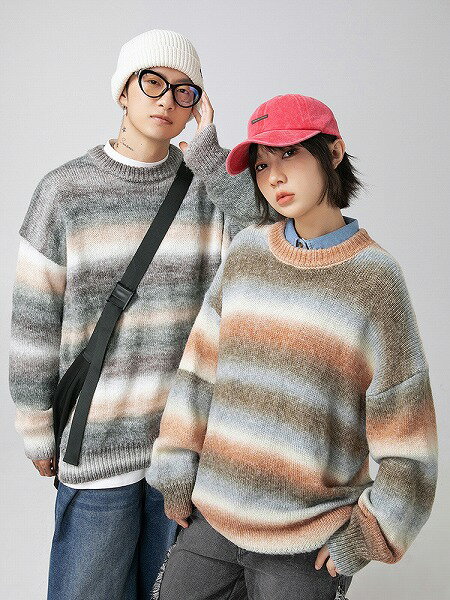 メンズ ボーダー柄 長袖 ニット・セーター 男女兼用 カジュアル トップス 秋冬 新作★全2色