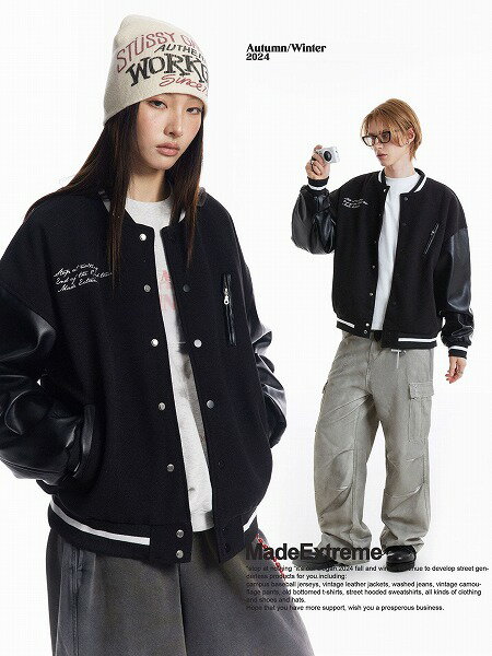 メンズファッション PU袖 スタジャン 男女兼用 カジュアル ジャケット 秋冬 新作★全2色