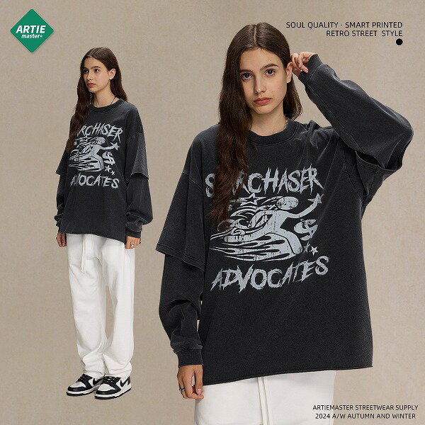 メンズ 生地345g 偽二枚二重 長袖 Tシャツ 男女兼用 ストリート系 トップス 春秋 新作★