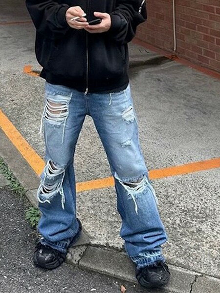メンズファッション ダメージ加工 デニム パンツ 男女兼用 ストリート系 ベルボトム 春夏 新作★