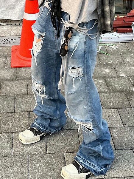 メンズファッション ダメージ加工 デニム パンツ 男女兼用 ストリート系 ベルボトム 春夏 新作★