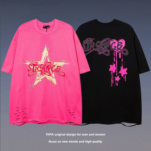 メンズファッション ダメージ加工 半袖Tシャツ 男女兼用 ストリート系 トップス 春夏 新作★全2色