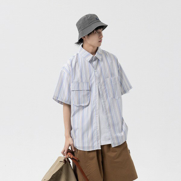 メンズファッション ストラップ柄 半袖シャツ 男女兼用 ストリート系 サマーアウター 春夏★全2色