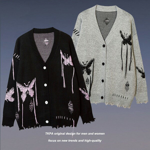 メンズ ダメージ加工 ニットカーディガン 男女兼用 ストリート系 Vネック アウター 秋冬 新作★全2色