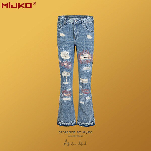 メンズファッション ダメージ加工 デニムパンツ 男女兼用 ストリート系 ベルボトムス 春秋 新作★