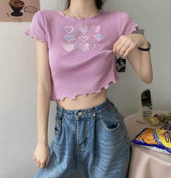 春夏新作 レディース 女 半袖 ニット 刺繍 Tシャツ トップス インナー カットソー 4色