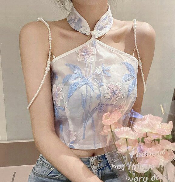 春夏新作 レディース 女 トップス 袖なし 刺繍 パール Tシャツ インナー タンクトップ キャミソール