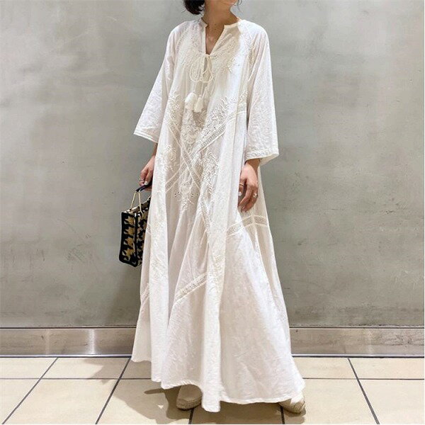 ゆったりする ワンピース ロングスカート シンプル レースアップ Aライン