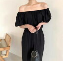 オフショルダー 2点セット ハイウエスト ワイドパンツ 春