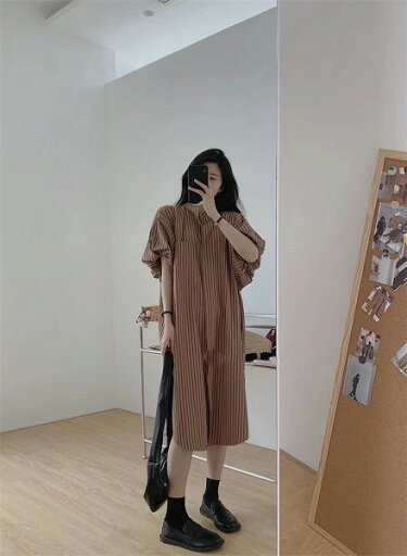 ランタンスリーブ 大人気 シャツワンピ ロングスカート ワンピース ストライプ ランタンスリーブ 大人気 シャツワンピ ロングスカート ワンピース ストライプ