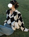 タイプ チェッカーボード Vネック ニットトップ セーター sweet系