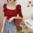 楽ちんなのにドキッとさせる ニットトップス 半袖 sweet系 夏 スクエアネック レトロ パフスリーブ