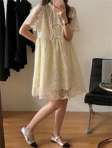 かぎ針編み レース ワンピース 中長セクション 中国風 sweet系 ディスクバックル