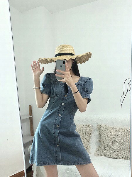 独特の存在感 快適である 背透けて パフスリーブ ミニスカート スリム デニム 受け取って腰