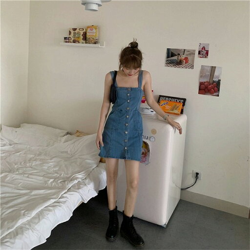 イメージ通りでした ギャザリング 単体ボタン 学院風 キャミワンピ デニム ミニスカート イメージ通りでした ギャザリング 単体ボタン 学院風 キャミワンピ デニム ミニスカート