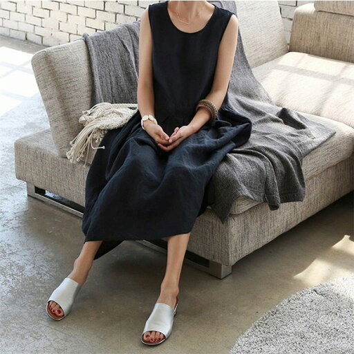 女性美up サマー 新品 リネン ノースリーブ ラウンドネック ワンピース 中・長セクション 女性美up サマー 新品 リネン ノースリーブ ラウンドネック ワンピース 中・長セクション