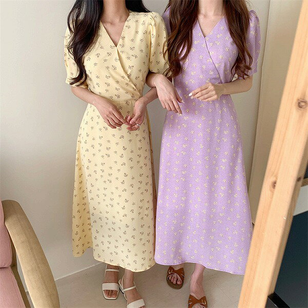 第一印象:素晴らしい シフォン Aライン ワンピース 花柄 Vネック 受け取って腰 ロングスカート