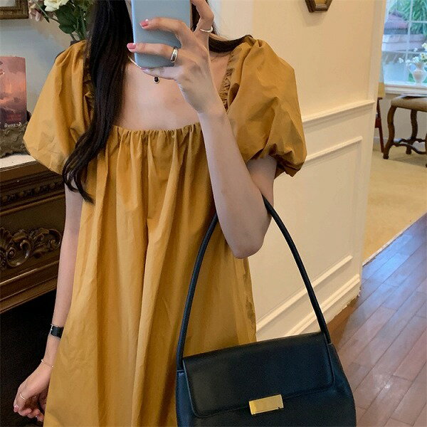 Fashions パフスリーブ スクエアネック ロングスカート 背透けて 半袖 ワンピース