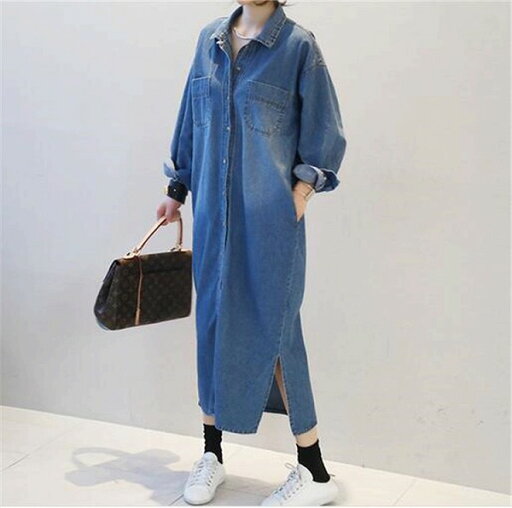 韓国ファッション ゆったりする デニムシャツ 新品 春 ロングセクション スリット 韓国ファッション ゆったりする デニムシャツ 新品 春 ロングセクション スリット