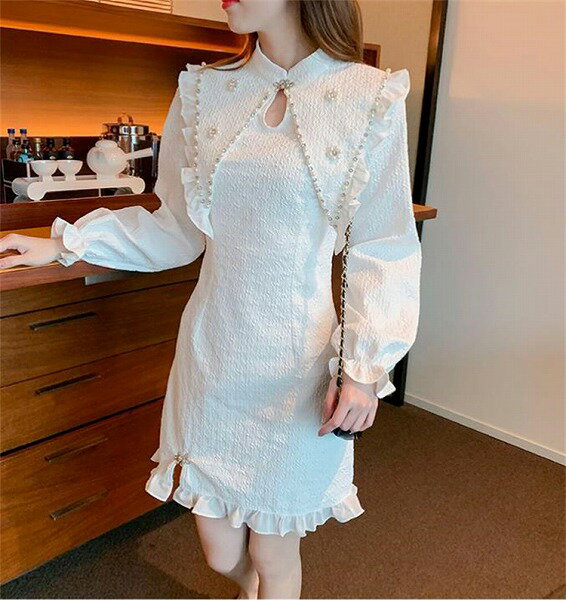 ドキドキ綺麗ですね スリム ワンピース デザインセンス チャイナドレスの改良 長袖 ミニスカート