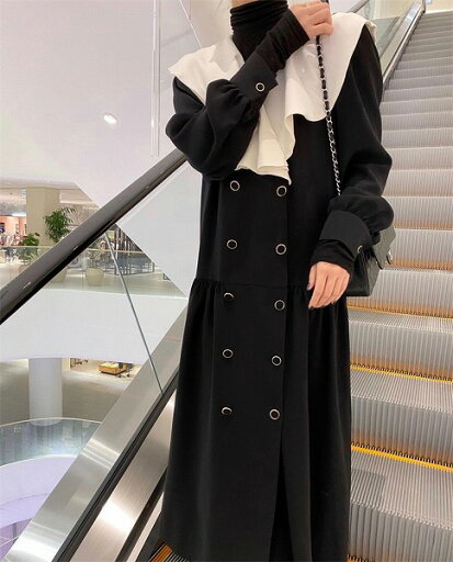シルエットが美しい レトロ 怠惰な風 コントラストカラー ダブルボタン ワンピース デザインセンス シルエットが美しい レトロ 怠惰な風 コントラストカラー ダブルボタン ワンピース デザインセンス