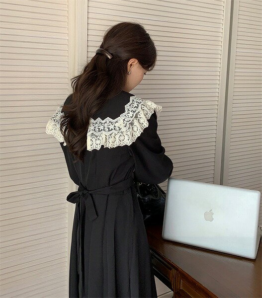 着映えが狙える ロングスカート レトロ レース デザインセンス 縫付 受け取って腰 ワンピース