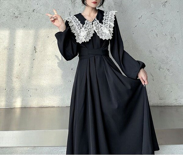 着映えが狙える ロングスカート レトロ レース デザインセンス 縫付 受け取って腰 ワンピース