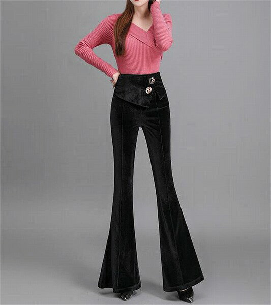 コーデを格上げ フィッシュテール フレアパンツ レトロ カジュアルパンツ 裏起毛 パンツ ハイウエスト