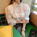 簡単スタイルアップ 新品 レトロ スタンドカラー パフスリーブ 刺&# シャツ ゆったりする sweet系