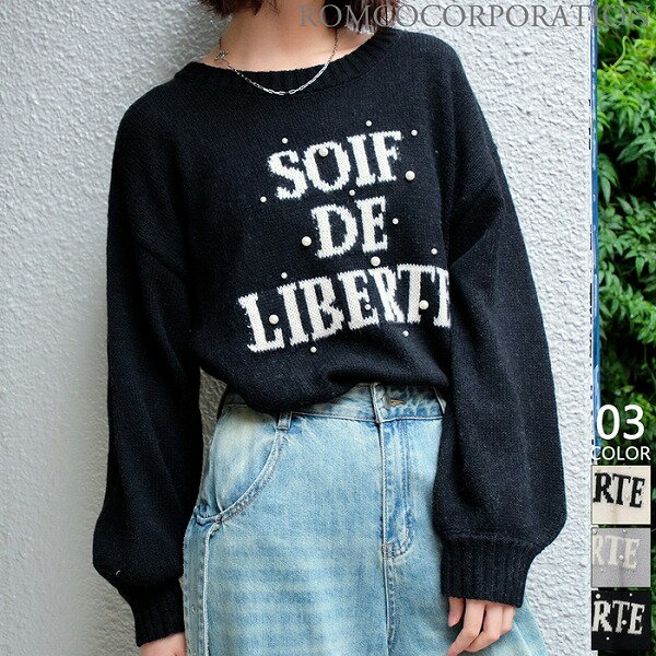 新作商品 パール付きジャガードロゴニットトップス