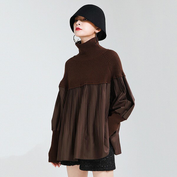 個性派ファッションオシャレニット切替ハイネックトップスレディース通学通勤 秋新作