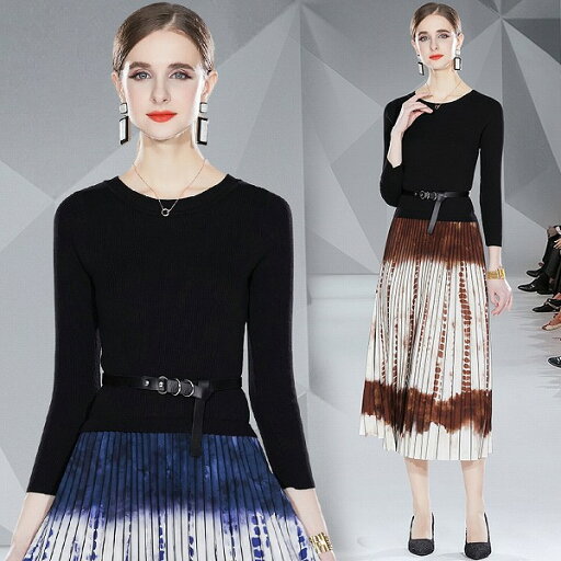 ワンピース オシャレニット切替ブリーツ花柄レディース 3色長袖 ワンピース オシャレニット切替ブリーツ花柄レディース 3色長袖