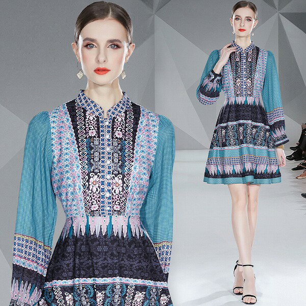 オシャレプリントワンピース　レディース 長袖 エレガント