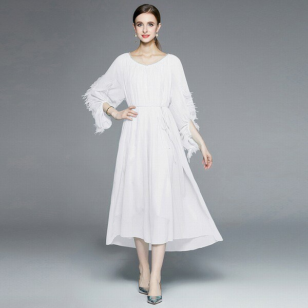 オシャレ高質Vネックパール付きワンピース 新作 エレガント