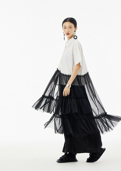個性派オシャレ不規則チュール切替ワンピースレディース
