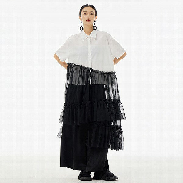 個性派オシャレ不規則チュール切替ワンピースレディース