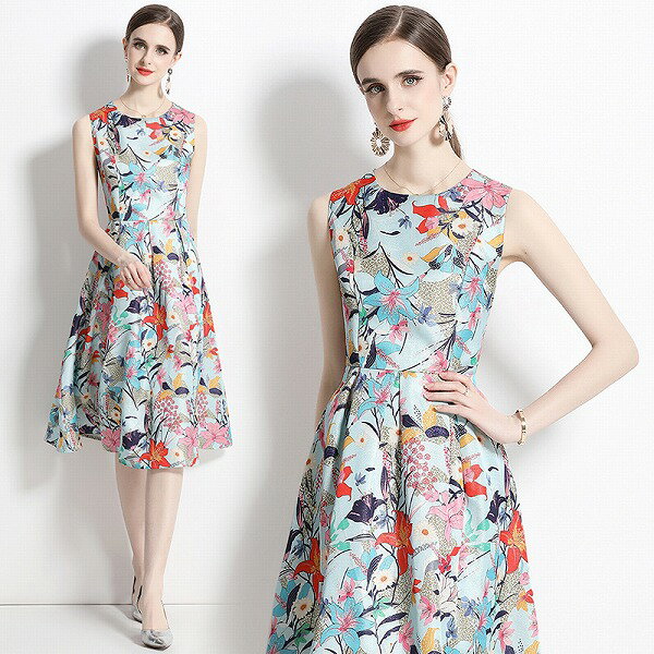 ノースリーブワンピース オシャレ花柄 パーティーオフィス 二次会 春夏新作 エレガント