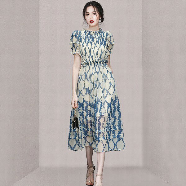 人気ファッション墨絵フリル切替ワンピース レディース 新作 エレガント