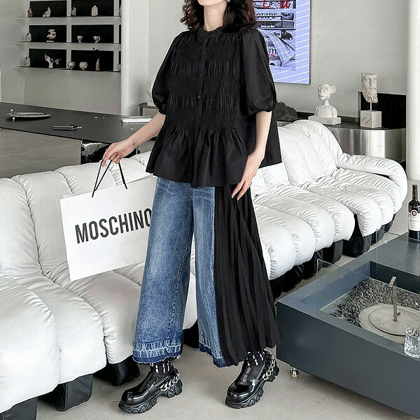 個性派デニムブリーツ切替九分丈ワイドパンツレディース通学通勤新作