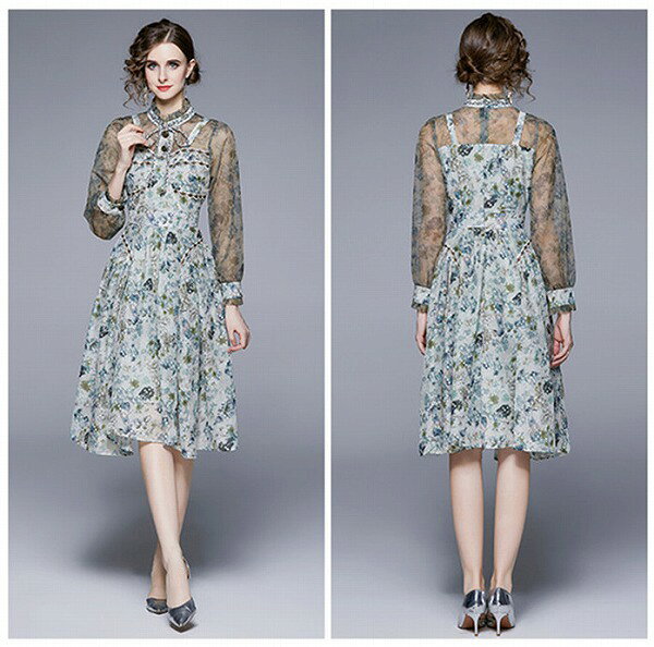 ワンピース オシャレチュール切替花柄早秋レディースオフィス 二次会 新作