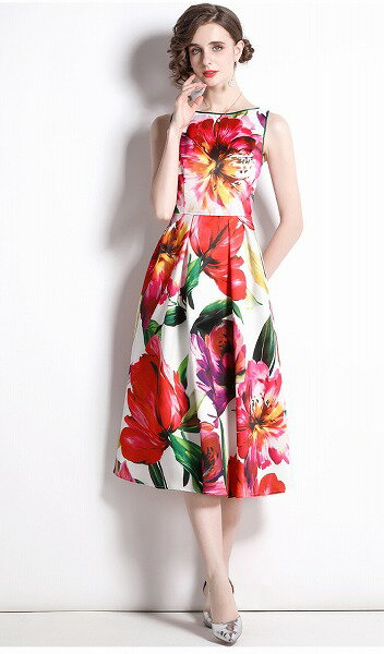 ワンピース オシャレノースリーブフラワワンピースシンプル新作