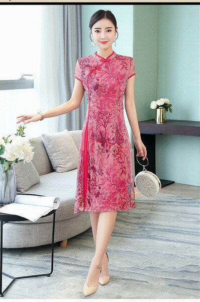 新作シフォン半袖チャイナドレス風ワンピースエレガント