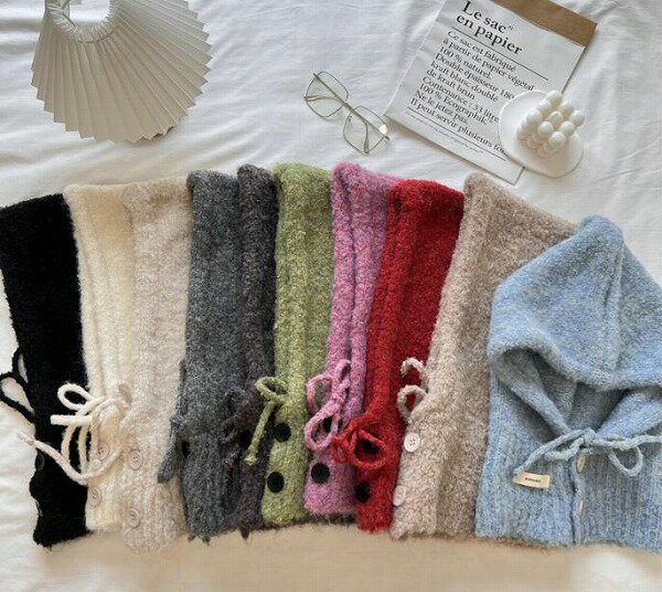 レディース 冬の保温耳保護フードマフラーニット毛糸帽子