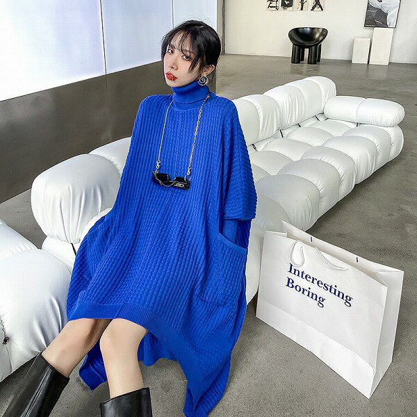 ゆったり厚手ニット不規則ワンピース　 レディース通学通勤 個性オシャレ　新作4色