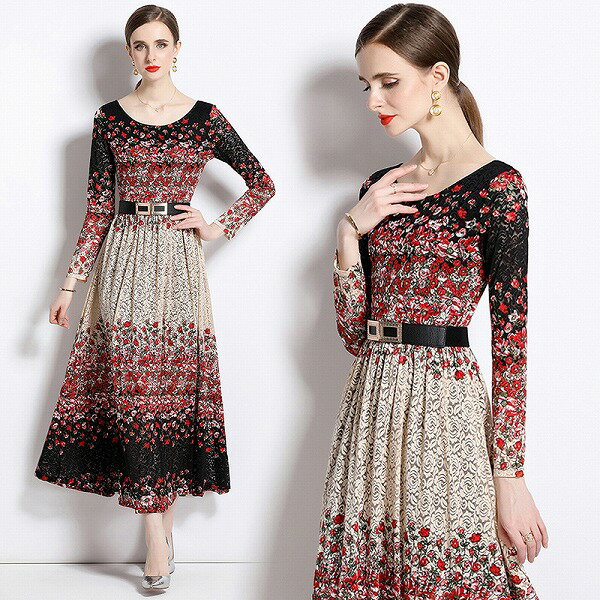 ワンピース オシャレ大きい裾幅小花パーティー二次会 新作 エレガント