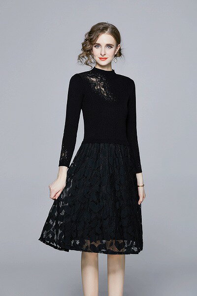 ワンピース オシャレニットレース切替レディース 二次会 新作 エレガント